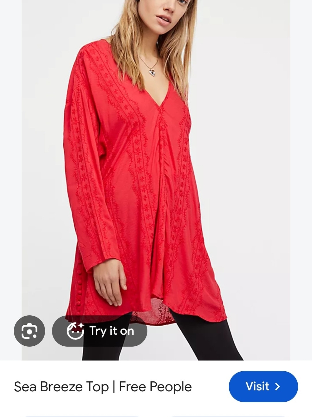 Free People Bright Red Seabreeze Embroidered V-Neck Tunic Size XS